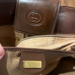 Vintage 1980’s Gucci Tote-Dark Brown Silk & Brown Leather, Gold Pendant, RARE!